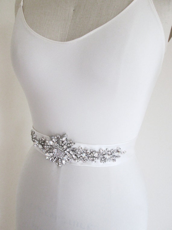 Bridal sash belt, Wedding belt, Rhinestone beaded sash, Crystal sash, Waist sash in silk Duchess satin, bridal crystal belt sash