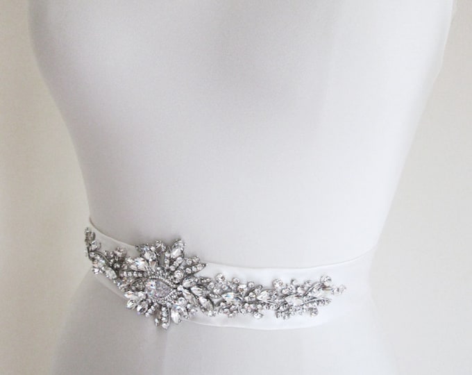 Bridal sash belt, Wedding belt, Rhinestone beaded sash, Crystal sash, Waist sash in silk Duchess satin, bridal crystal belt sash