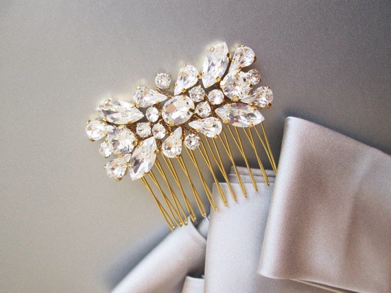 Gold Premium European Crystal hair comb, Bridal crystal comb, Dainty crystal hair comb, Sparkly bridal headpiece, Wedding hair comb,