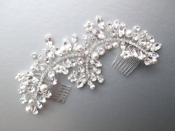 Crystal and pearl hair vine comb, Wedding hair comb, Crystal hair vine, Bridal headpiece in silver, gold, rose gold