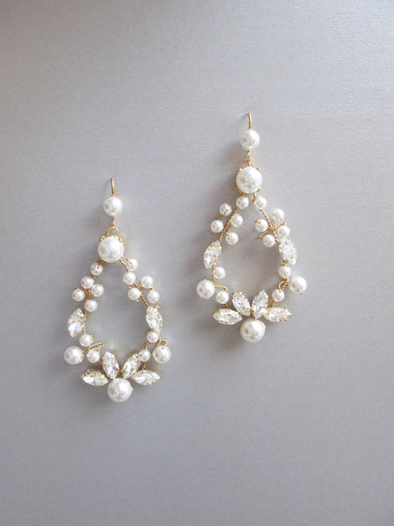 Bridal crystal earrings, Crystal pearl bridal earrings, Premium Quality European Crystal, Bridal earrings in gold, silver, rose gold image 1