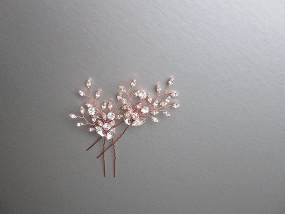 Crystal hair pins, Bridal crystal hair pins, Wedding hair pins, Floral hair pin, Sparkly bridal pin, Rose gold pins