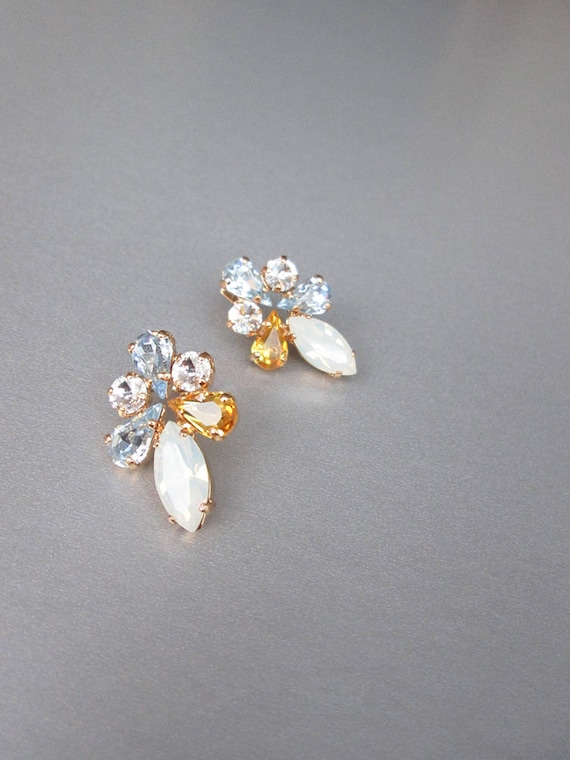 Crystal bridal earrings, Opal, topaz and aquamarine crystal studs, Stud rhinestone wedding earrings in gold, silver, rose gold