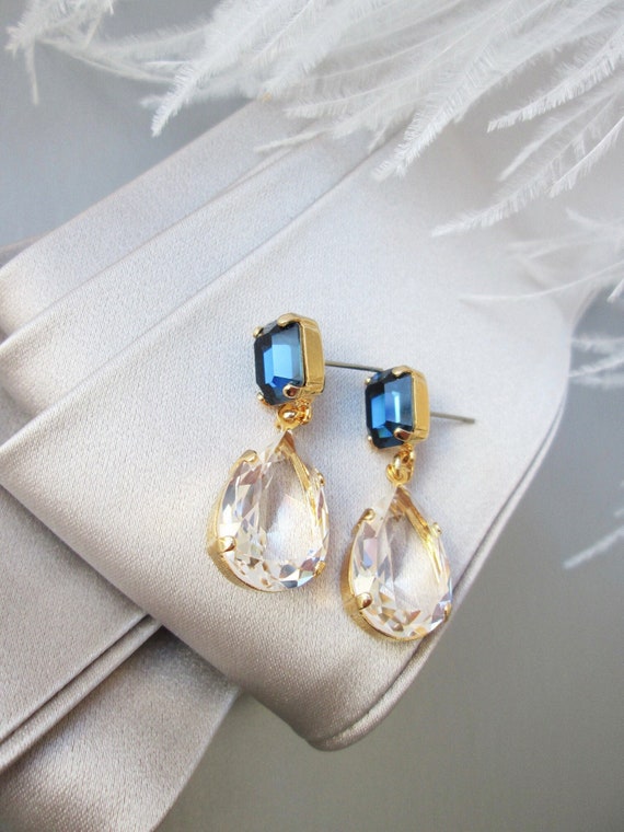 Something blue transparent drops, Crystal bridal earrings teardrop cut earrings, Drop earrings gold silver rose gold Sapphire blue
