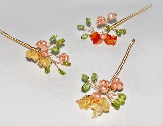 Tiny blossoming gemstone branches hair pins, Bridal gold hair pins, Gemstone pins, Pearl and gem hair pins, Wedding hair pins, set of 3