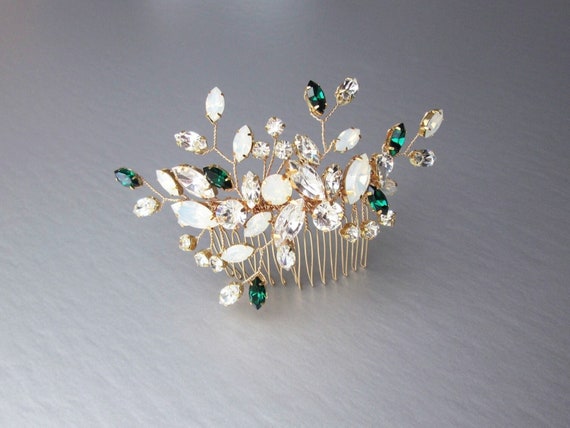 Emeralds and Opals Premium European Crystal hair comb, Bridal hair clip, Wedding comb, Rhinestone comb, Wedding hair vine green and opal