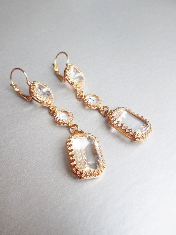 Transparent crystal bridal earrings, Emerald cut drop earrings, Linear earrings in gold, silver, rose gold, Long Wedding earrings