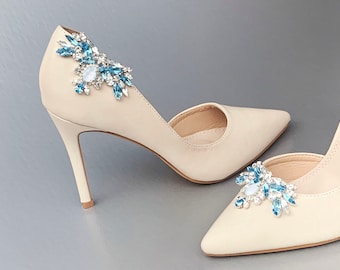 Something blue Shoe clips, Bridal shoe clips, Premium European Crystal Shoe embellishments jewelry, Rhinestone shoe clip-on light blue
