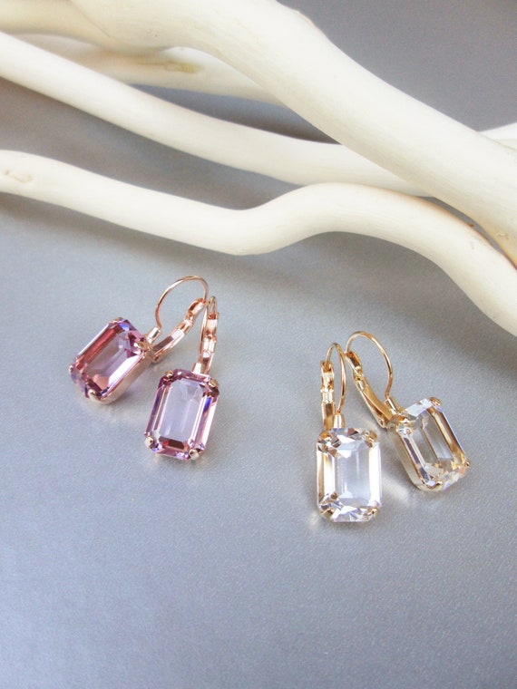 Little Transparent Drops, Crystal bridal earrings Emerald cut drop earrings, Delicate earrings gold silver rose gold, Bridesmaids