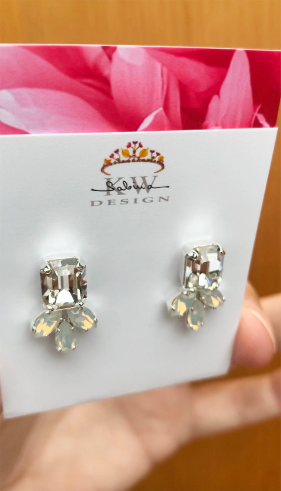 Opal crystal studs, Octagon stud earrings, Dainty stud earrings in gold, silver, rose, Wedding earrings emerald cut studs