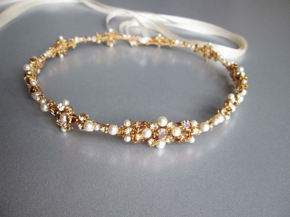 Topaz Champagne Bridal halo headpiece, Wedding halo in Gold, Silver, Rose gold, Bridal headband halo with crystal and pearl
