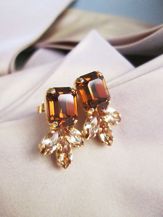Honey Topaz crystal studs, Emerald cut earrings, Dainty stud earrings in gold silver, rose, Wedding party bridesmaids