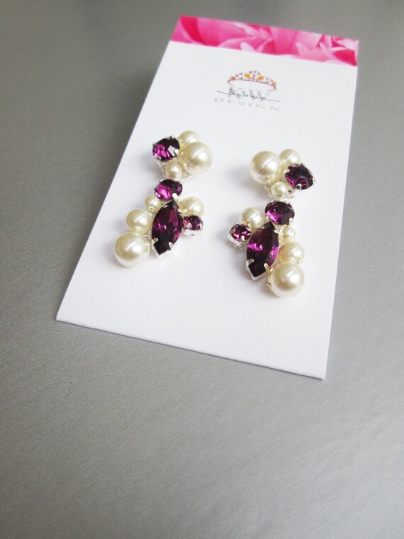 Amethyst crystal pearl earrings, Premium European Crystal bridal earrings, Bridal party purple earrings in gold or silver