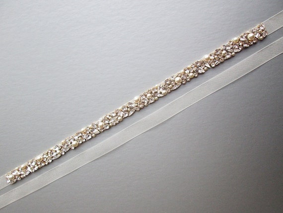 Bridal belt, Crystal and pearl sash, Beaded rhinestone and pearl crystal waist sash, Thin crystal belt in gold, silver, rose gold