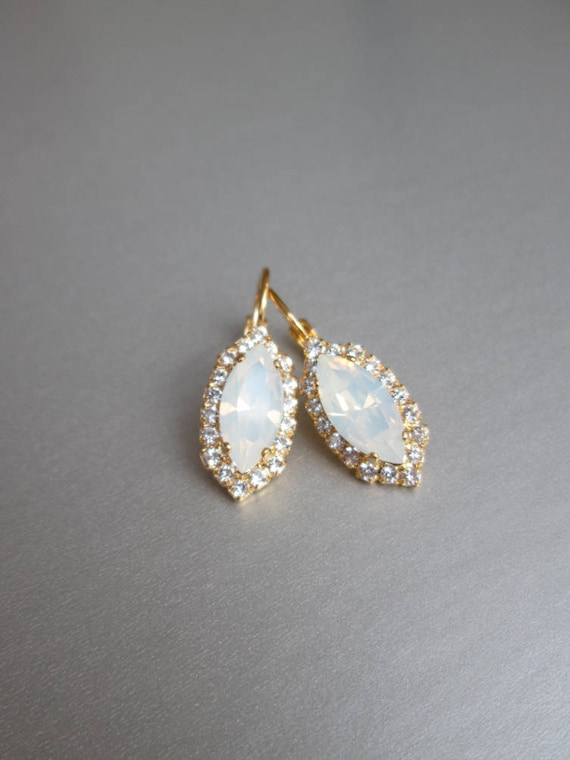 Marquise Opal bridal crystal earrings, White opal earrings, Wedding earrings in gold, silver, rose gold