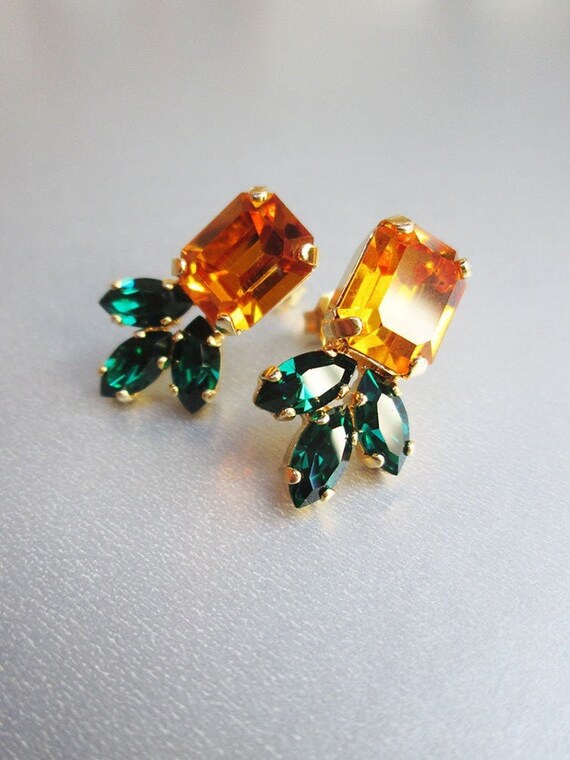 Topaz crystal studs, Emerald cut earrings, Dainty yellow green stud earrings in gold silver, rose, Wedding party bridesmaids