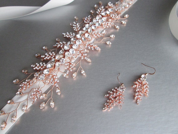 Rose Gold Crystal Bridal Belt: Floral Rhinestone Wedding  display picture 1