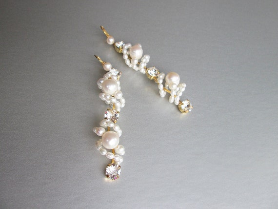 Natural pearl and crystal earrings, Premium European Crystal bridal earrings, Long linear earrings, Freshwater pearl earrings