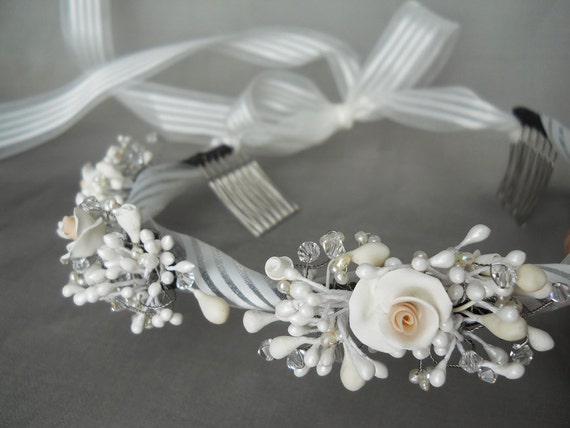 Bridal headband - Porcelain flowers and crystal headband wreath halo