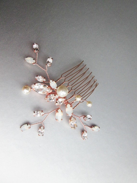 Rose Gold Opal crystal and pearl Premium European Crystal hair comb, Bridal crystal comb, Opal pearl comb, Delicate Wedding comb