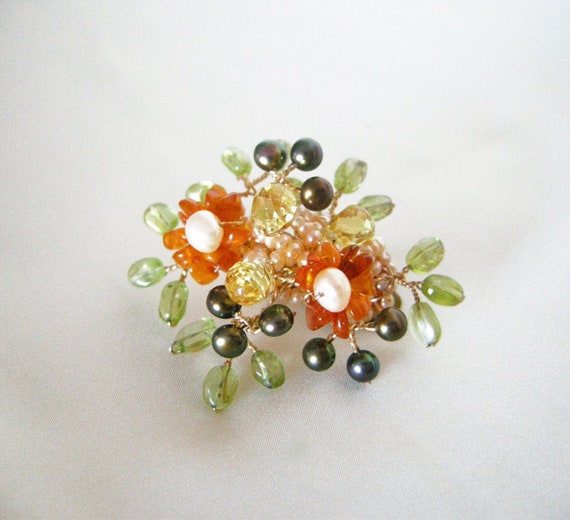 Gold barrette hair clip, Small barrette hair clip with gemstone flowers and leaves, Bridal gemstone barrette hair clip, Bridal hair pin