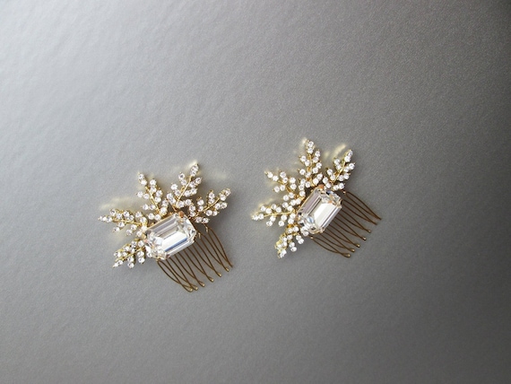 Gold crystal hair combs, Bridal crystal hair combs, hair combs, Sparkly leaf hair pins, Bridal hair combs in gold or silver