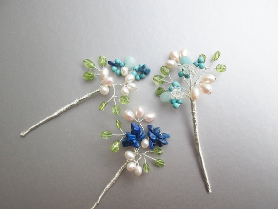 Blossoming gemstone branches hair pins, Bridal blue hair pins, Gemstone pins, Pearl and gem hair pins, Wedding hair pins something blue