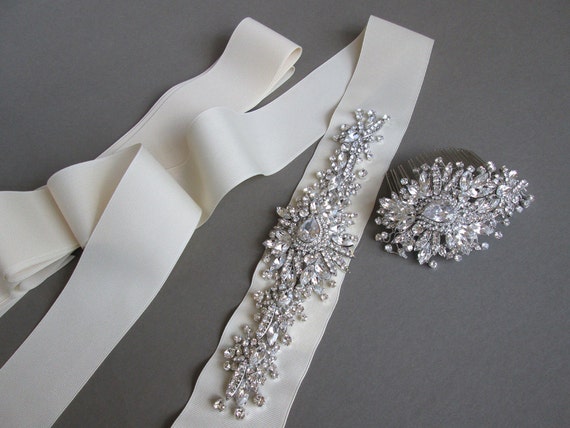 Silver Floral Rhinestone White Satin Ribbon Bridal Wedding Headband or Belt 