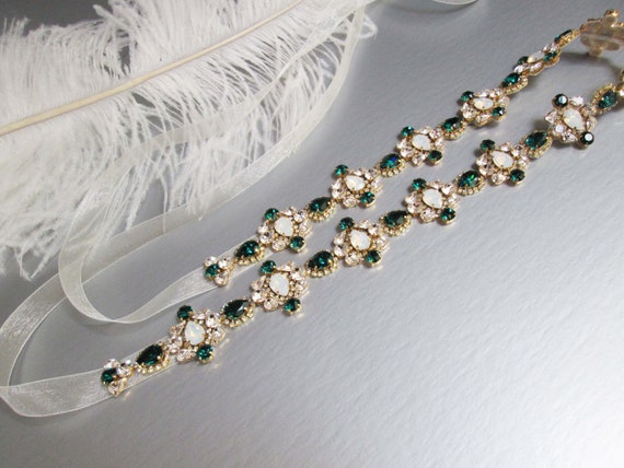 Green belt, Emerald Bridal belt sash, Crystal belt white opal in silver or gold, Wedding belt, Opal bridal belt, Rhinestone bridal sash