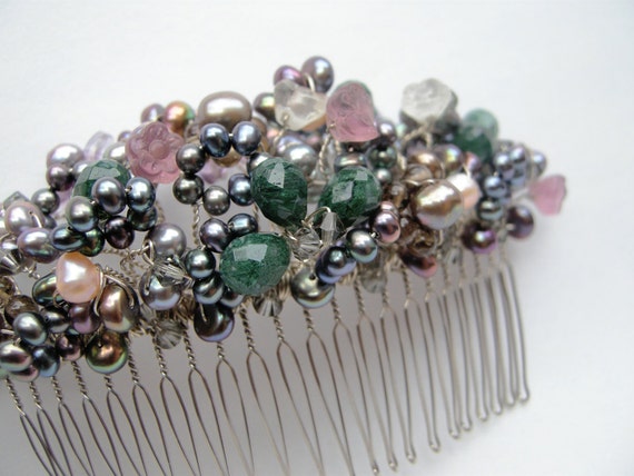 Gray hair comb, Mother of the bride, Bridal hair comb - Multi gemstone and pearl hair comb, silver or gold, Special occasion hair comb