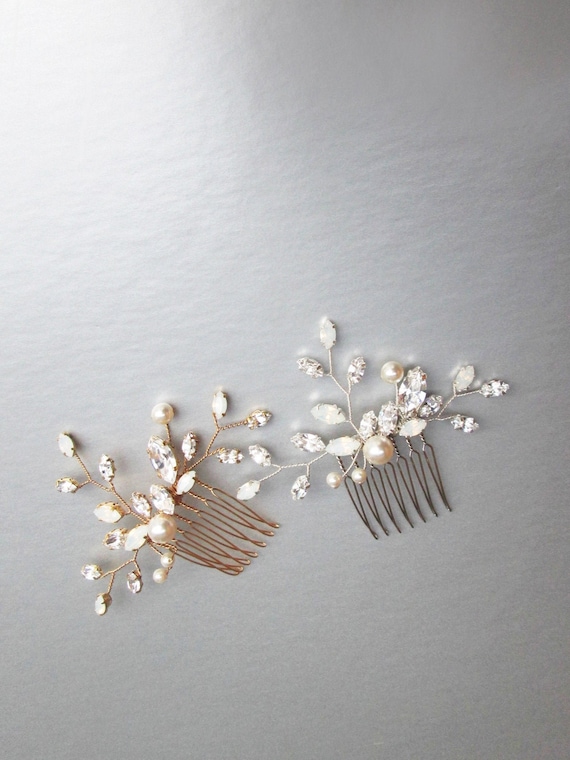 Opal crystal and pearl Premium European Crystal hair comb, Bridal crystal comb, Opal pearl comb, Delicate Wedding comb Gold Silver Rose gold