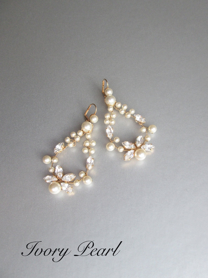 Bridal crystal earrings, Premium European Crystal pearl bridal earrings, Bridal rhinestone earrings in gold, silver, rose gold image 1