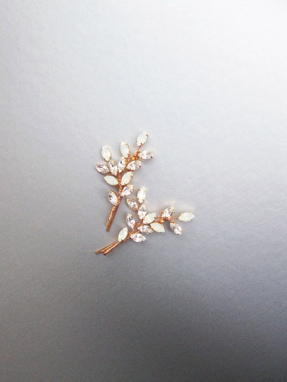 Opal crystal hair pins, Bridal crystal bobby pins, White opal Leaf crystal hair pins, Wedding crystal bobby pins, One pair