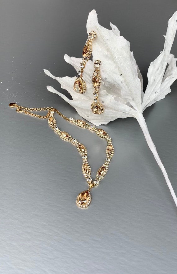Backdrop champagne Bridal crystal necklace, Lariat Bridal necklace, Crystal necklace, Sparkly rhinestone party necklace