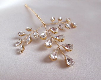 Bridal hair pin, Crystal leaf hair pin in gold or silver, crystal gold hair pin, Crystal hair pin in gold, silver or rose gold