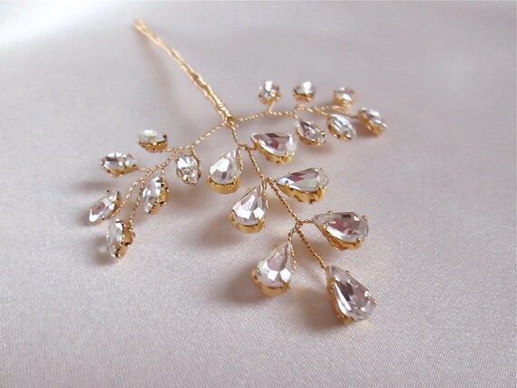 Bridal hair pin, Crystal leaf hair pin in gold or silver, crystal gold hair pin, Crystal hair pin in gold, silver or rose gold