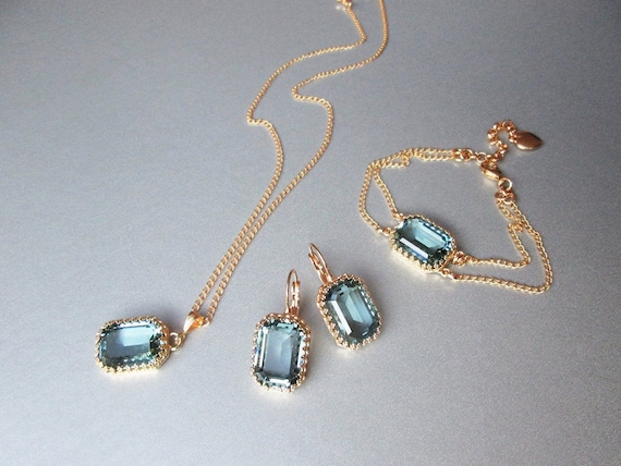 Indian Sapphire crystal jewelry set, Teal blue jewelry, bracelet, necklace set, Bridal Bridesmaids jewelry gold, silver, rose gold