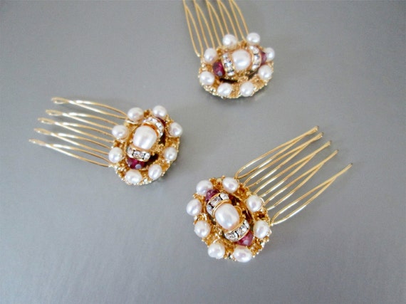 Bridal hair combs, Bridal gold hair combs, hair combs, Small bridal hair combs, Crystal and pearl hair comb with garnet