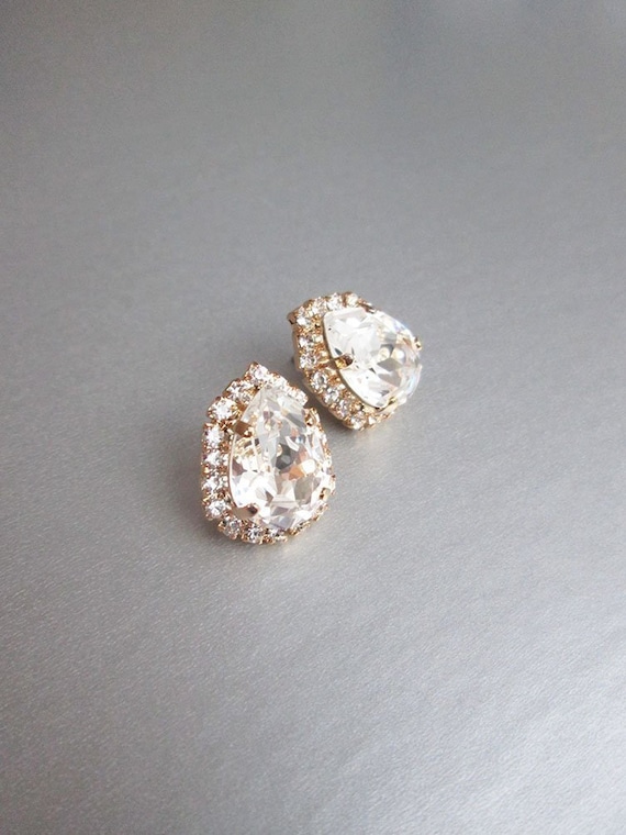 Bridal crystal earrings, Crystal bridal stud earrings, Pear Bridal rhinestone earrings, Teardrop wedding earrings