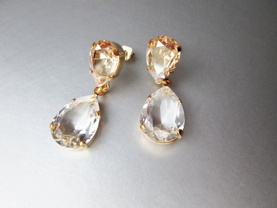 Transparent Drops, Crystal bridal earrings teardrop cut earrings, Champagne pear drop earrings gold silver rose gold, Bridesmaids