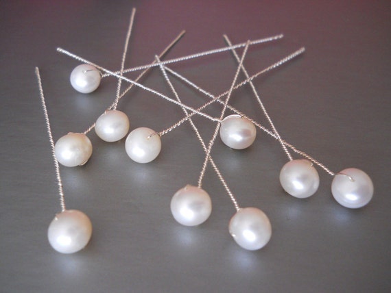 Pearl pins, Bridal pearl hair pins, Bridal hair pins, Pearl hair pins in gold or silver, Freshwater pearl hair pins - includes 10 pieces