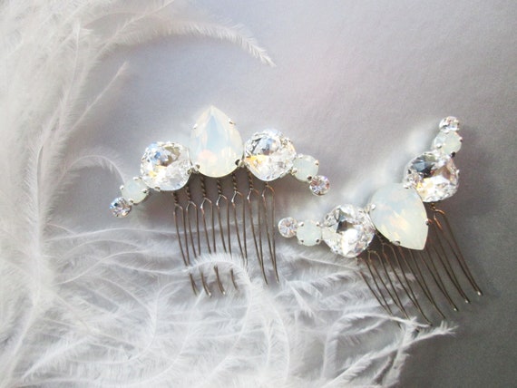 Crescent crystal hair combs set, White opal hair combs, Bridal hair combs set, Versatile  Wedding opal combs, Small bridal combs