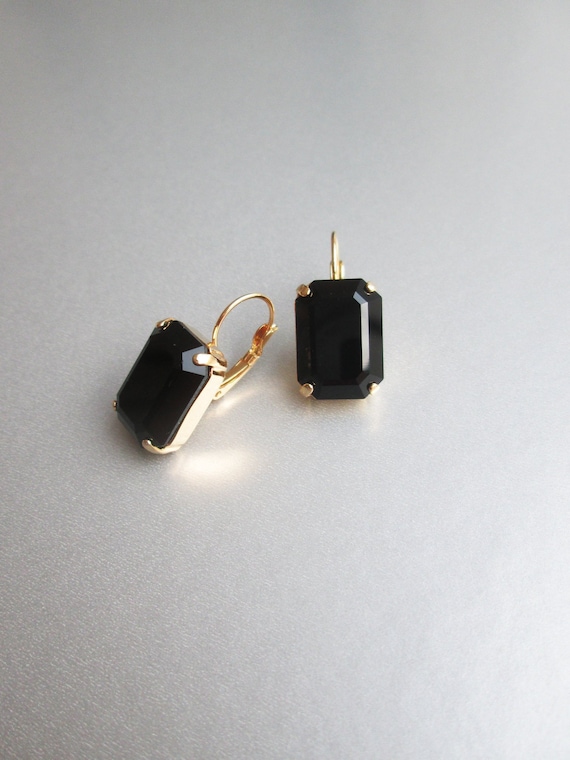 Black drop crystal emerald cut earrings, Emerald drop earrings, Jet black drop earrings in gold, silver, rose gold