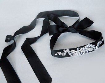 Black Silk Satin Bridal Belt: Crystal Rhinestone Wedding Sash