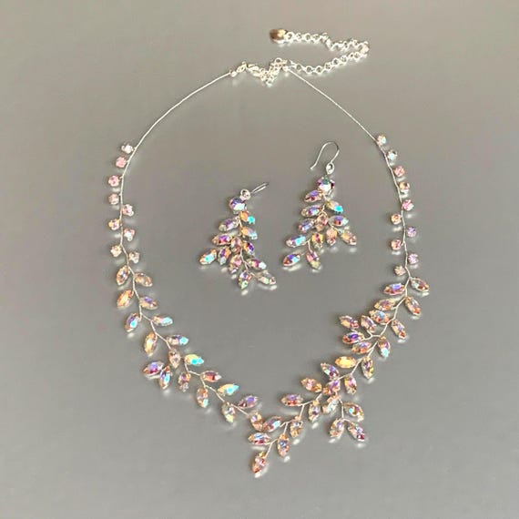 Bridal jewelry Aurora Borealis, Rainbow colors jewelry, Necklace and earrings set