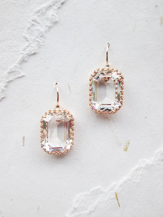 Transparent crystal bridal earrings, Emerald cut drop earrings, Clear stone earrings in gold, silver, rose gold, Wedding earrings