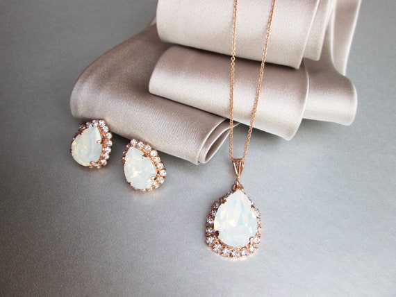 White opal crystal jewelry set, Bridal crystal earrings necklace set, Opal Bridesmaids jewelry in gold silver rose gold