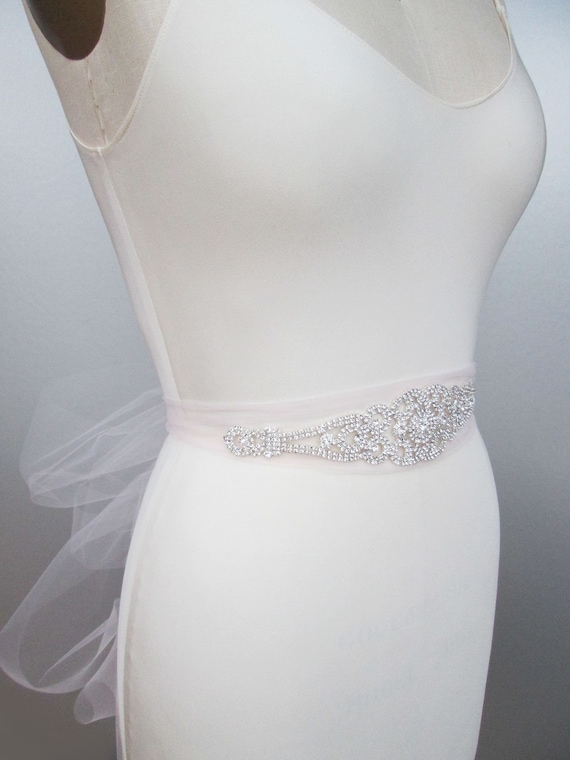 Bridal belt sash, Pale pink tulle and crystal bridal sash, Wedding belt sash, Tulle waist sash, Rhinestone beaded crystal belt, More colors