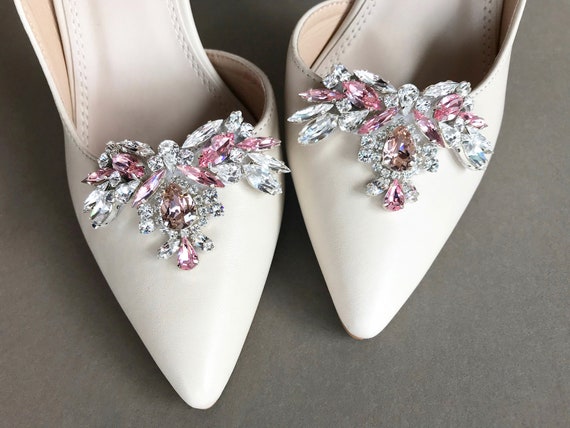 Blush Pink Shoe clips, Bridal shoe clips, Premium European Crystal Shoe embellishments jewelry, Rhinestone party shoe clip on appliques