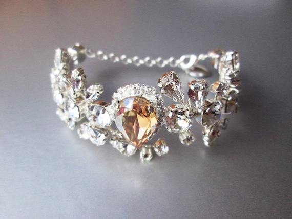 Champagne Crystal bridal bracelet, Wedding rhinestone bracelet, Cuff bridal bracelet, Gold, rose gold, silver
